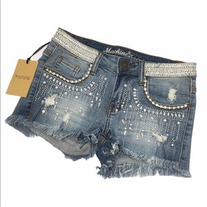 Machine Distressed Cutoff Jean Shorts Rhinestone